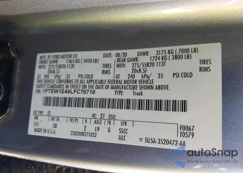 2020 Ford F-150 Xlt from USA, damaged, VIN 1FTEW1E49LFC70710